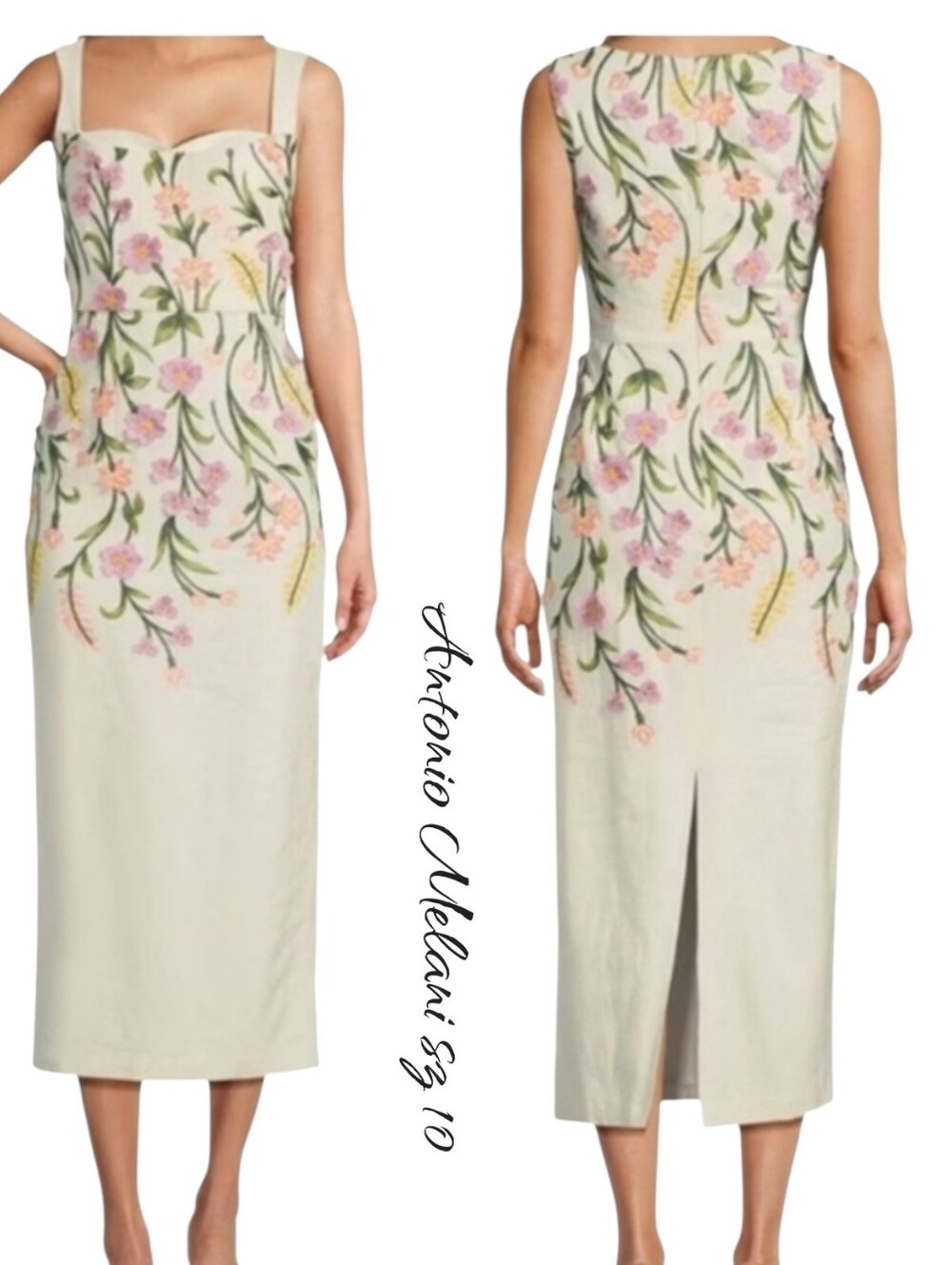 NWT Antonio Melani Halo Floral Embroidered Linen Midi Dress Ivory 10